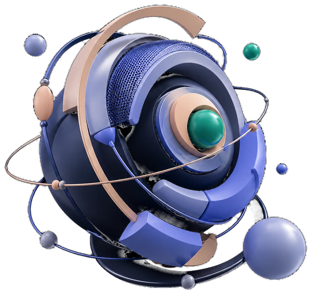 Abstract 3D rendering of an AI core encircled by orbiting rings and spheres