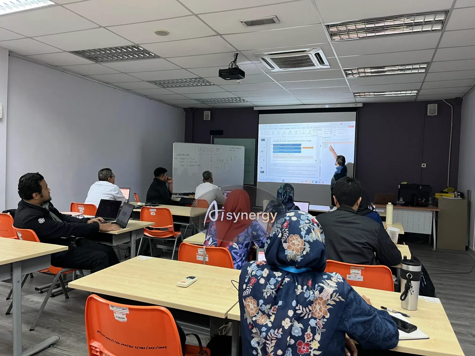 Classroom training session with projector screen